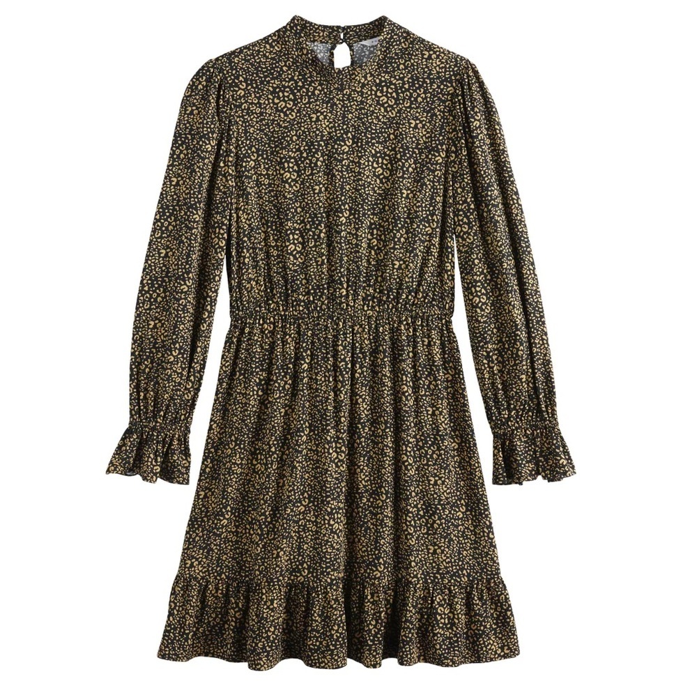 POPSUGAR Black and Tan Pleated Mock Neck Dress